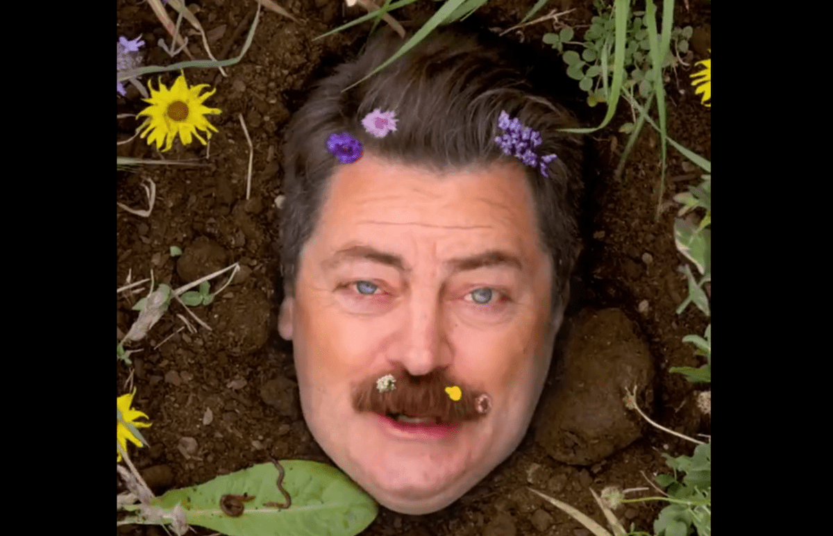 Nick Offerman's face pokes up from the soil, with flowers in his mustache and hair.