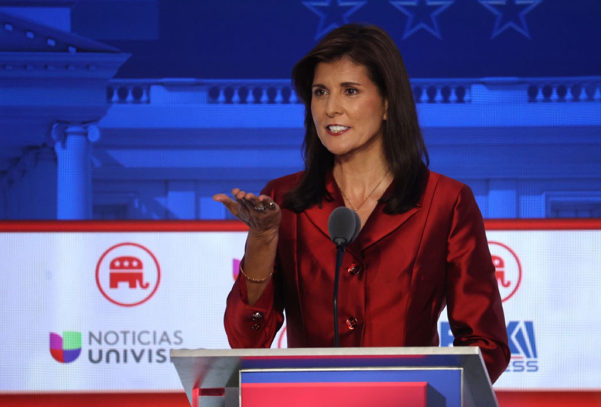 Nikki Haley looking confused at the second Republican 2024 presidential primary debate.