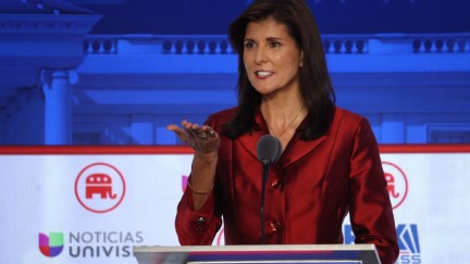 Nikki Haley looking confused at the second Republican 2024 presidential primary debate.
