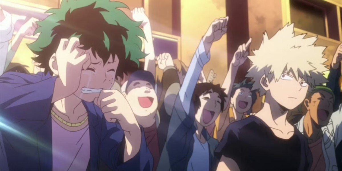Midoriya stands in a cheering crowd crying while Bakugo looks on uncomfortably in "My Hero Academia" 