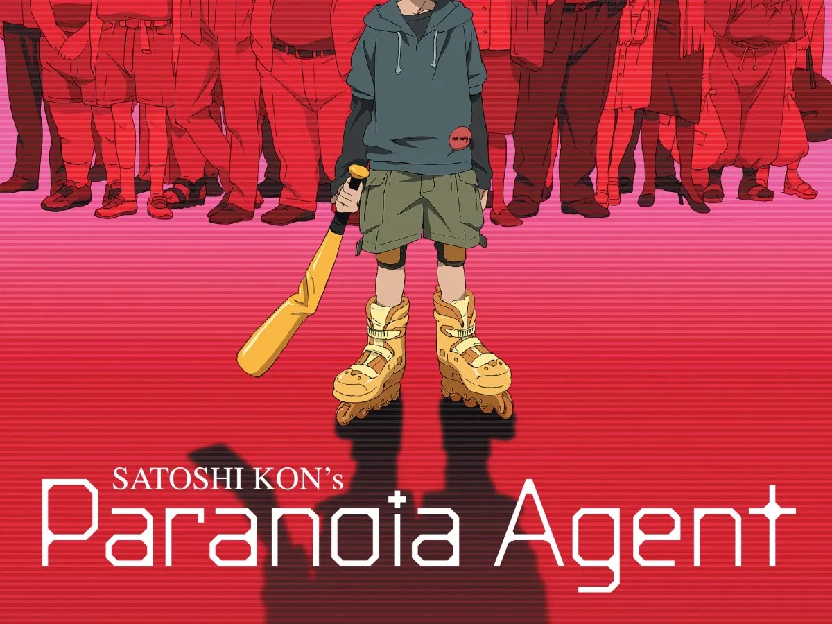 Title art for "Paranoia Agent" featuring a boy in roller skates holding a baseball bat and standing in front of a crowd. 