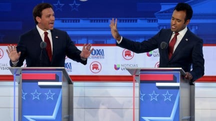 Ron DeSantis and Vivek Ramaswamy yell at each other during the Republican debate.