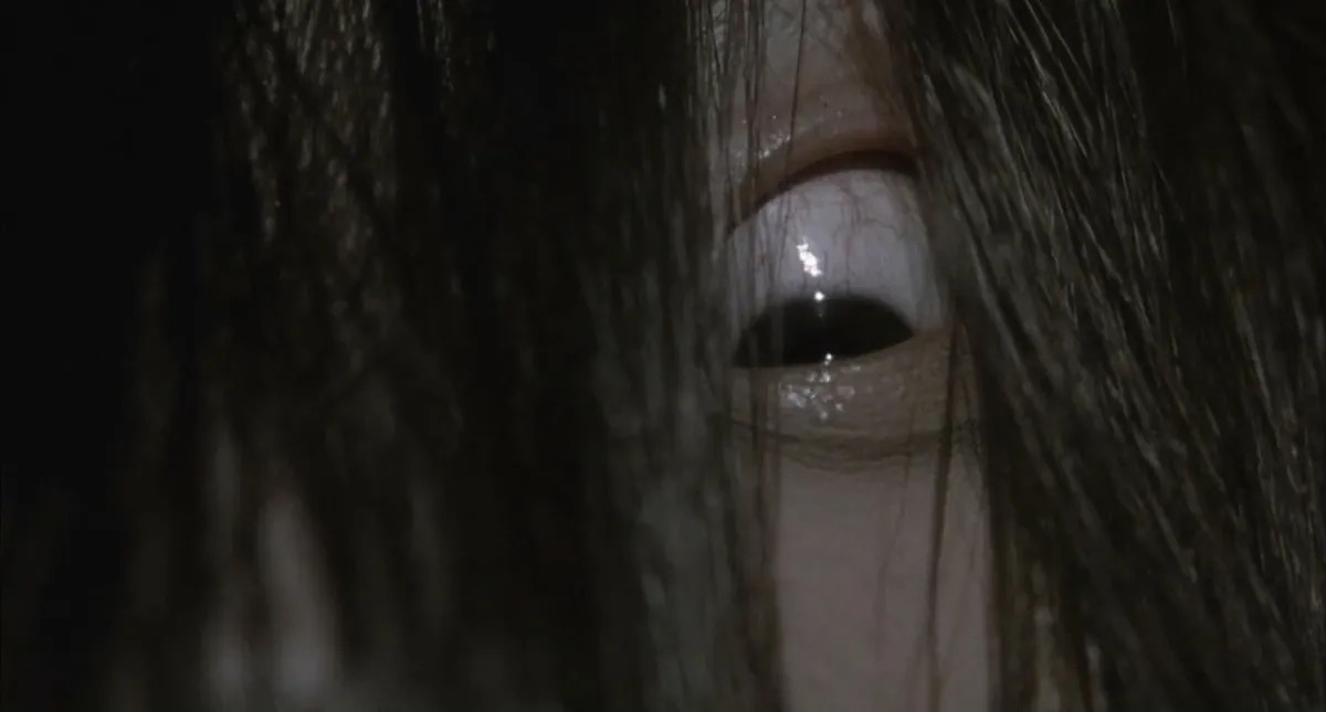 Close up of the ghost Sadoko's eye glaring in "Ringu"
