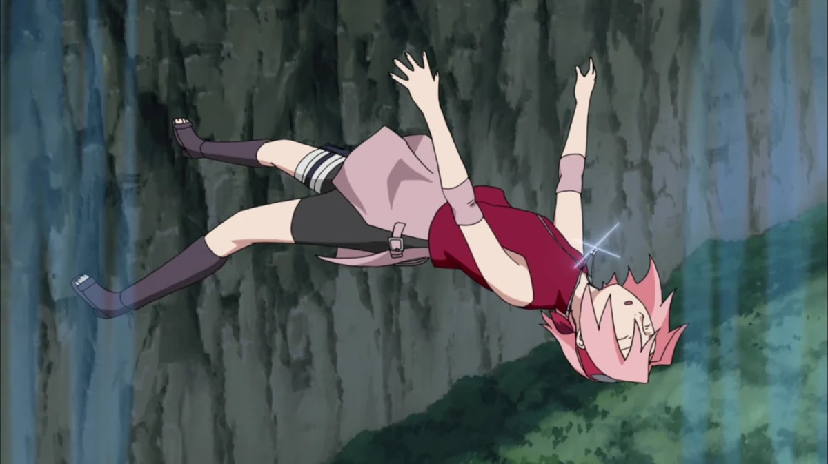 Sakura Harmon falling off a cliff in "Naruto"