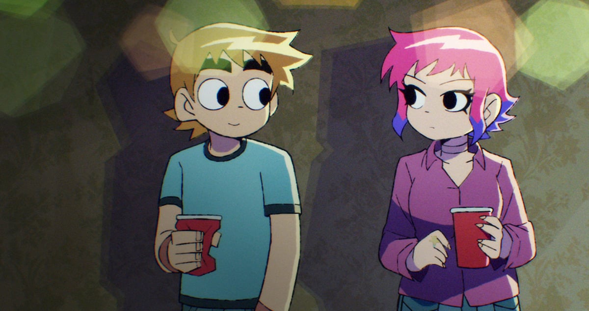 Scott (L) and Ramona (R) chatting at a party in 'Scott Pilgrim Takes Off'.