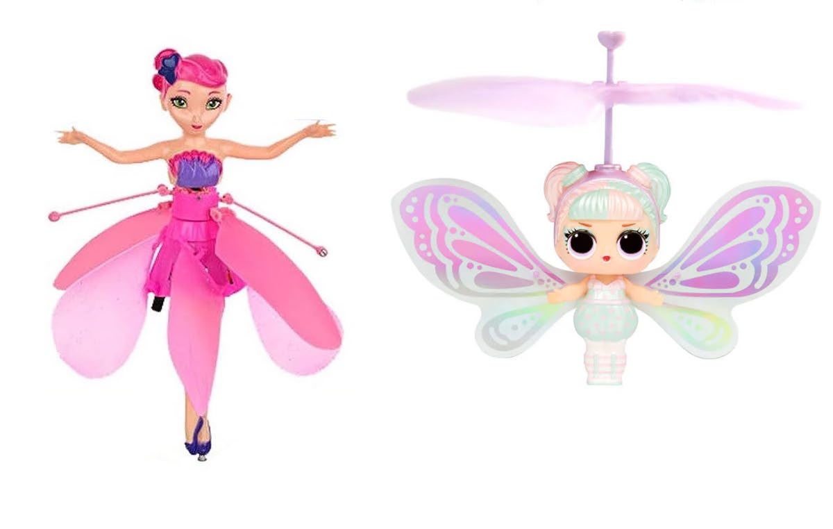 A Skydancer helicopter princess toy next to an lol surprise magic flyer toy.