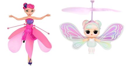 A Skydancer helicopter princess toy next to an lol surprise magic flyer toy.