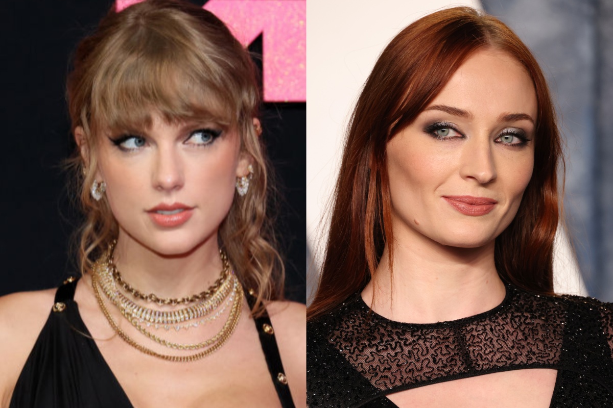 Two side by side images of Taylor Swift and Sophie Turner, both looking coy.