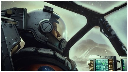 A playable character in a helmet flying a spacecraft in 'Starfield'.