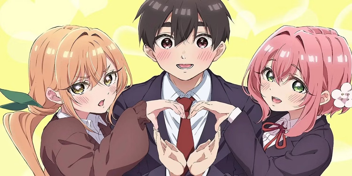 A highschool boy in a suit blushes while making heart hands with two of his 100 girlfriends in "The 100 Girlfriends" 