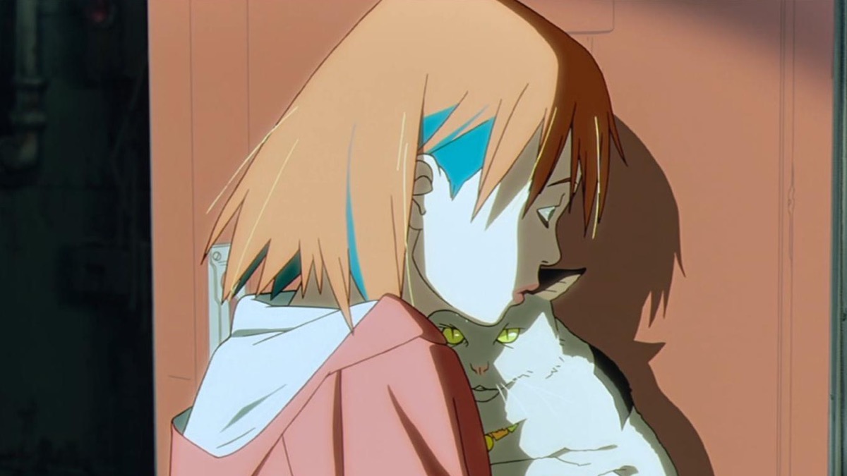 A girl cuddles her cat in "The Animatrix: Beyond"