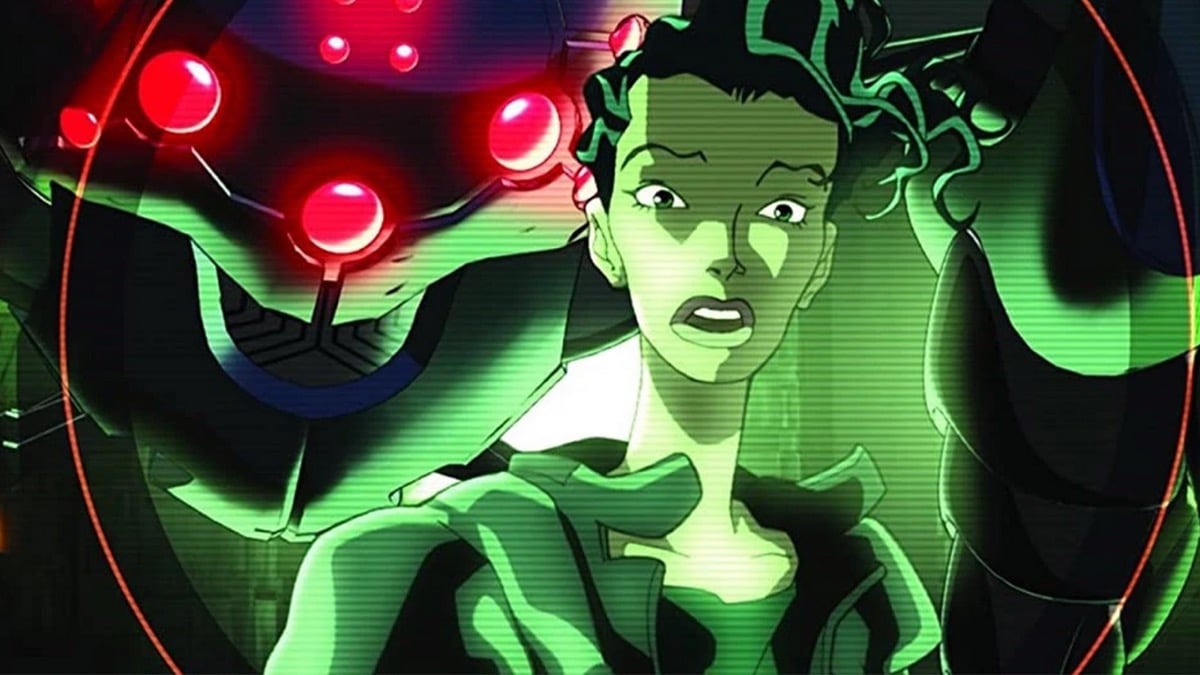 A woman looks surprised while a four eyed robot peers over her shoulder in "The Animatrix: Matriculated"