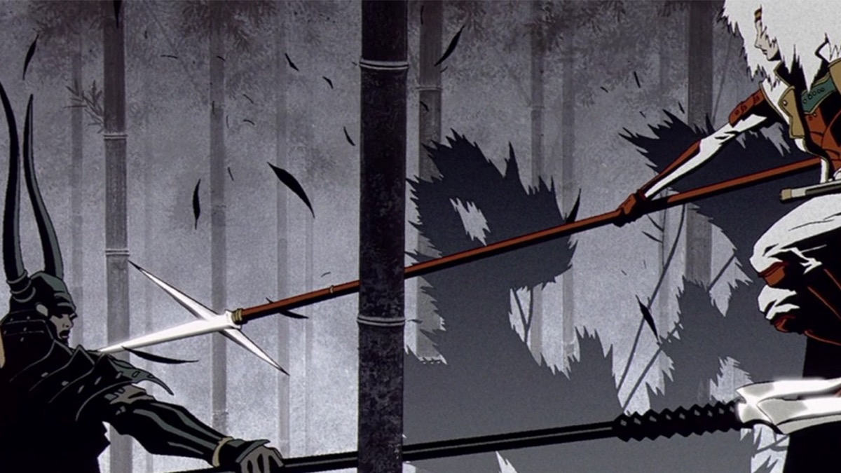 Two feudal Japanese warriors with spears fight in the forest in "The Animatrix Program"