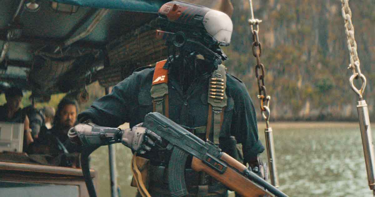 A simulant soldier holding a rifle in 'The Creator'.
