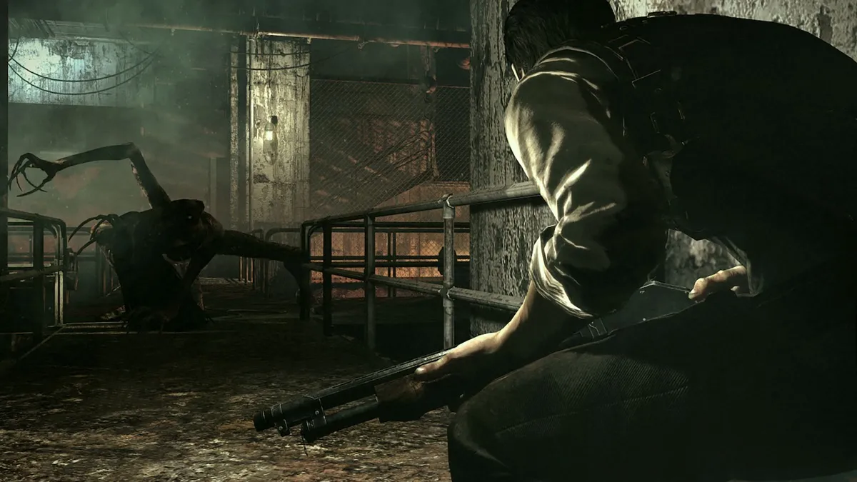 A man with a shotgun prepares to fight a humanoid horror in "The Evil Within" 