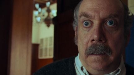 Paul Hunham (Paul Giamatti) staring in disbelief in 'The Holdovers'.
