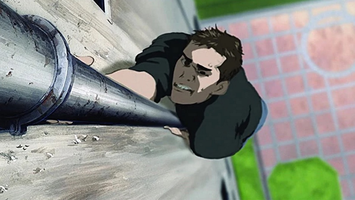The Kid climbing a water pipe in "Animatrix: The Kid's Story"