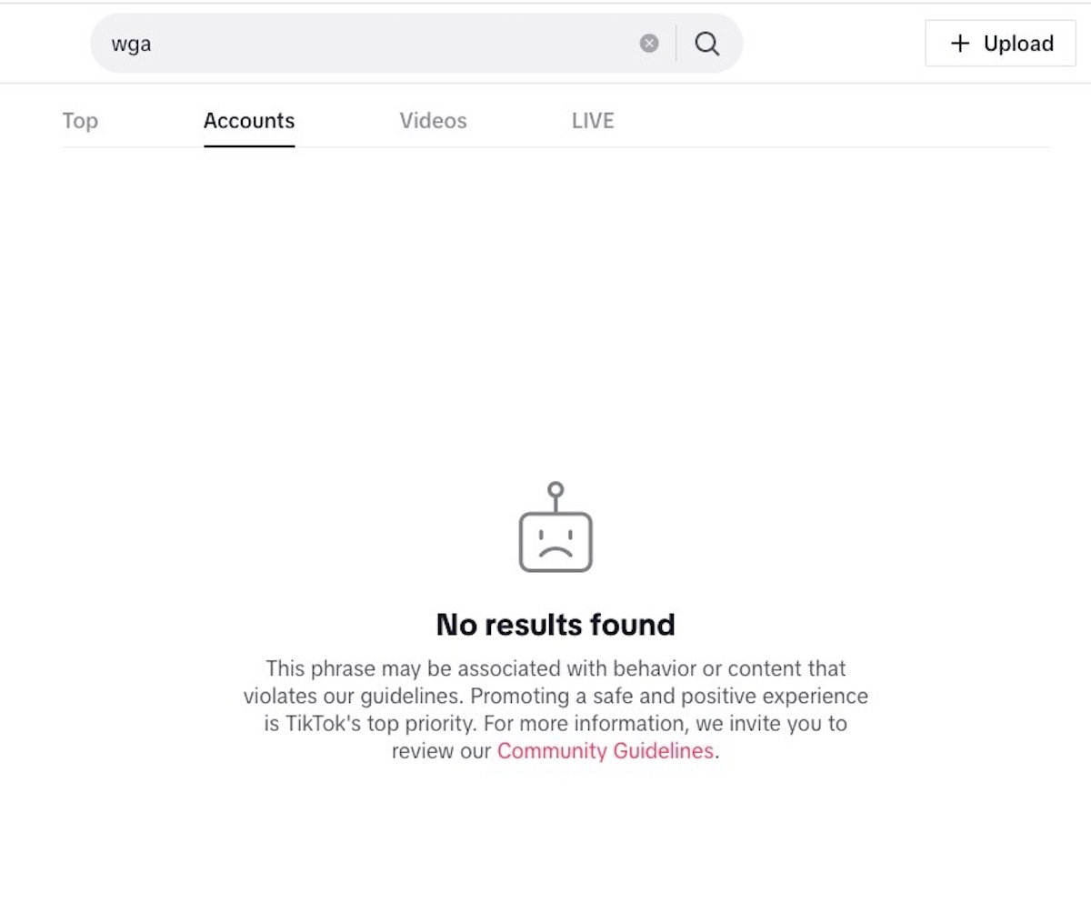 A screenshot of a TikTok search for "WGA" with a message stating no results.