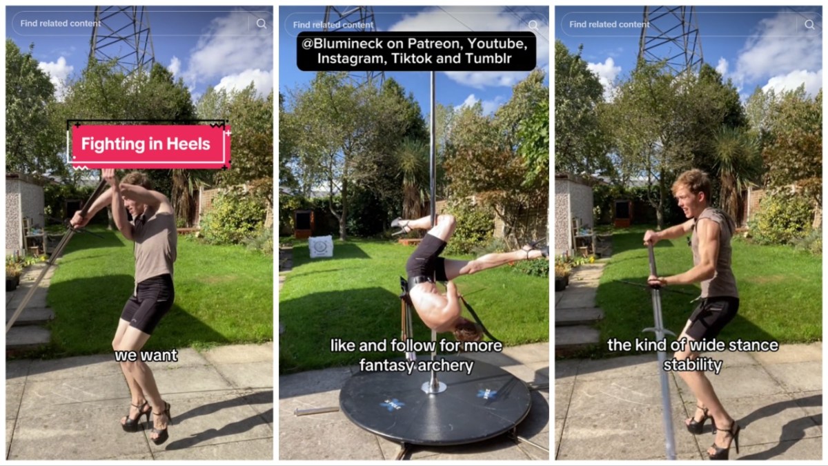TikTok user David the Arrow Bard (@blumineck) demonstrates the challenges of fighting in heels.