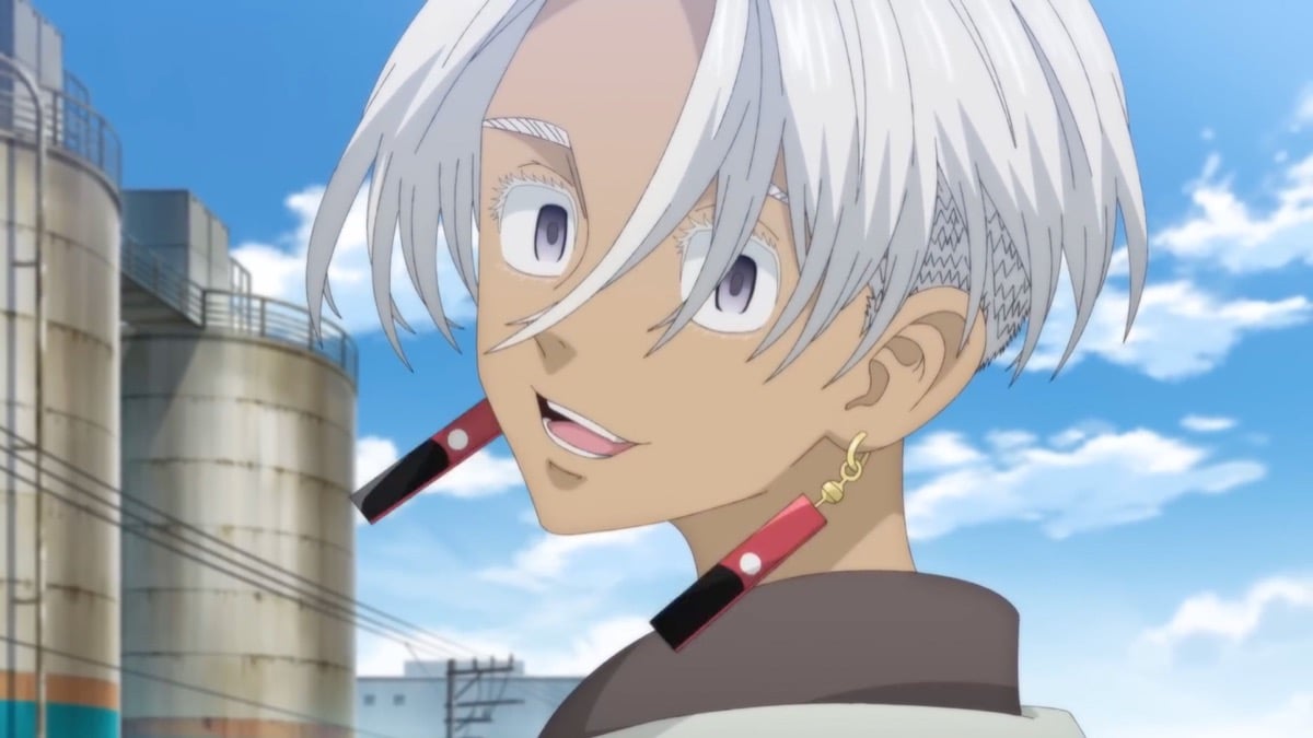 A white haired youth smiles at the camera in the "Tokyo Revengers" Season 3 trailer
