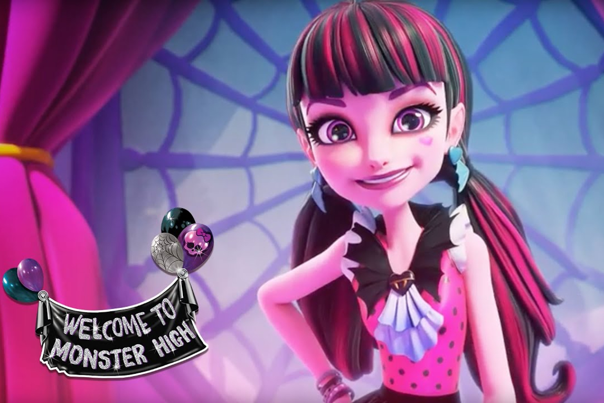 Welcome to Monster High; Draculaura stands in front of a spider web window with pink curtains. Her skin is pinker and her eyes larger in the new animation style.