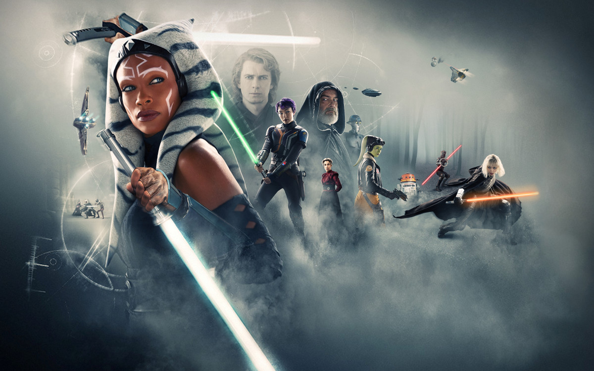 Key art for the Ahsoka Disney+ show featuring Ahsoka Tano, Anakin Skywalker, Sabine Wren, Baylan Skoll, Shin Hati, and Hera Syndulla