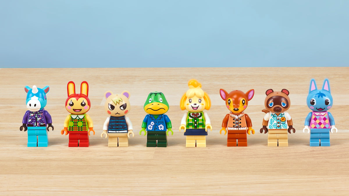 Animal Crossing LEGO minifigs (L-R): Julian, Bunnie, Marshal, Kapp'n, Isabelle, Fauna, Tom Nook, and Rosie
