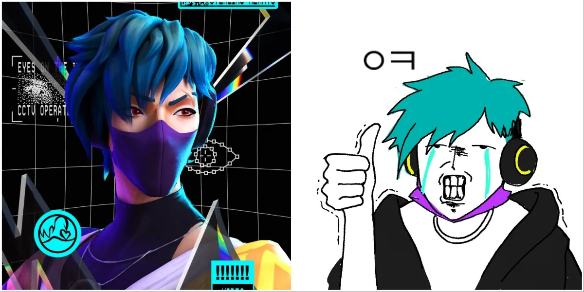 Aphelios official wallpaper (left) and the meme he drew of himself that he uses as his Discord icon (right)