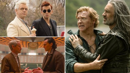 Michael Sheen as Aziraphale and David Tennant as Crowley in 'Good Omens,' Rhys Darby as Stede and Taika Waititi as Ed in 'Our Flag Means Death,' and Owen Wilson as Mobius and Tom Hiddleston as Loki in 'Loki'