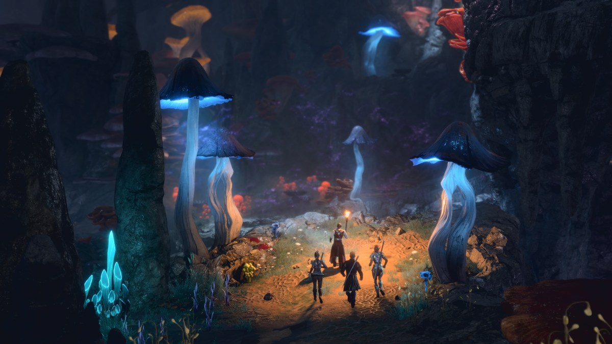 A screenshot of the Underdark, as seen in Baldur's Gate 3 without UI elements. The part of Shadowheart, Wyll,  Lae'zel and Tav is centered, with their backs to the camera and Tav holding up a torch.