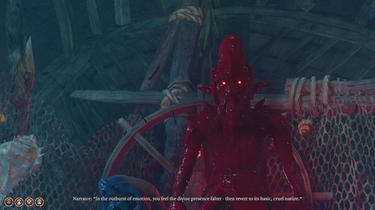 While staring at BOOOAL the narrator says "In the outburst of emotion, you feel the divine presence falter - then revert to its basic, cruel nature."