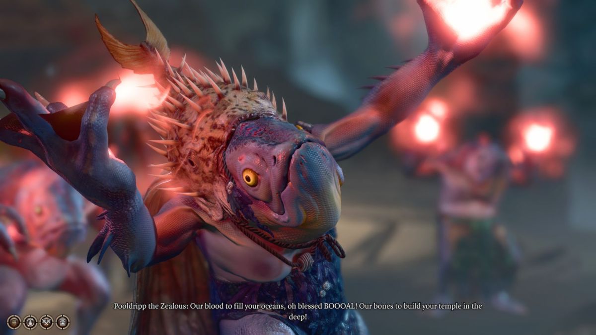 Kuo-toa, Pooldripp the Zealous, declaring with its arms outstretched "Our blood to fill your oceans, oh blessed BOOOAL! Our bones to build your temple in the deep!"