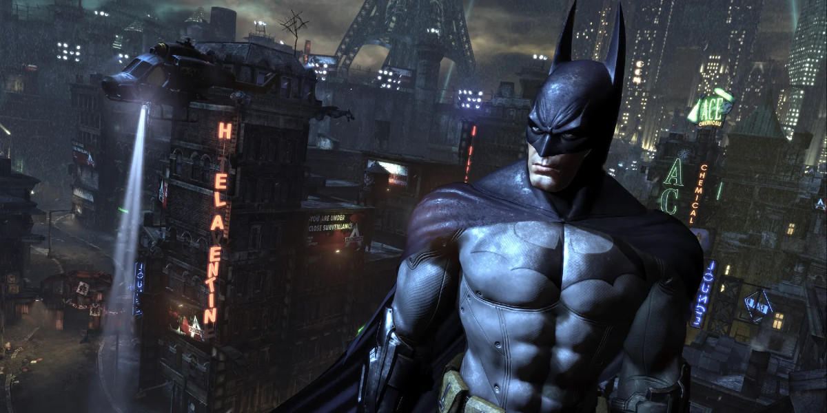Batman standing in front of Gotham in Batman: Arkham City