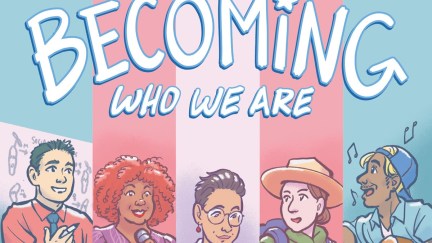 A cropped image of the cover art for Becoming Who We Are from A Wave Blue World, drawn by Hazel Newlevant. Five trans adults are highlighted in sections of the trans pride flag underneath the title text.