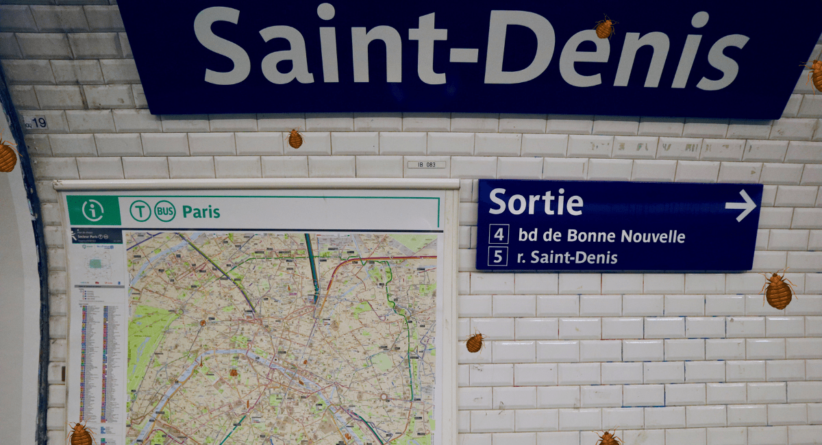A sign for the Paris Métro covered in tiny bedbugs