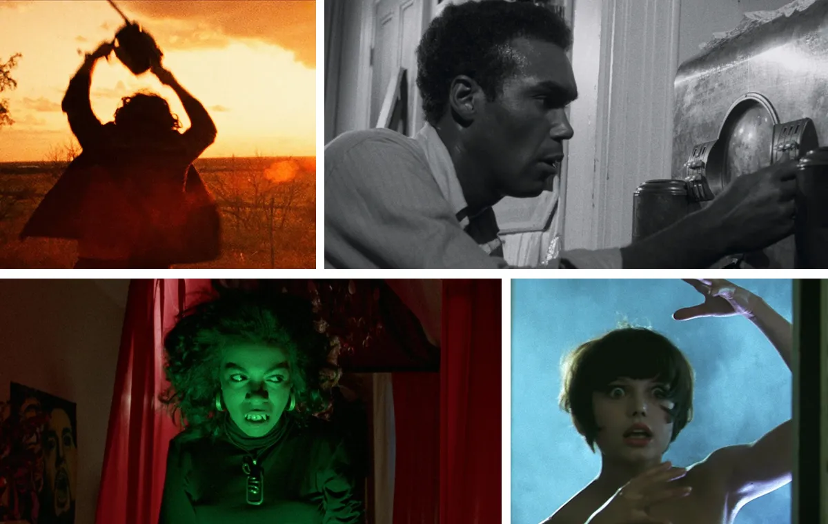 A collage featuring some of the best classic horror movies on Shudder (clockwise from top left): 'The Texas Chain Saw Massacre,' 'The Night of the Living Dead,' 'Daughters of Darkness,' and 'Def by Temptation'