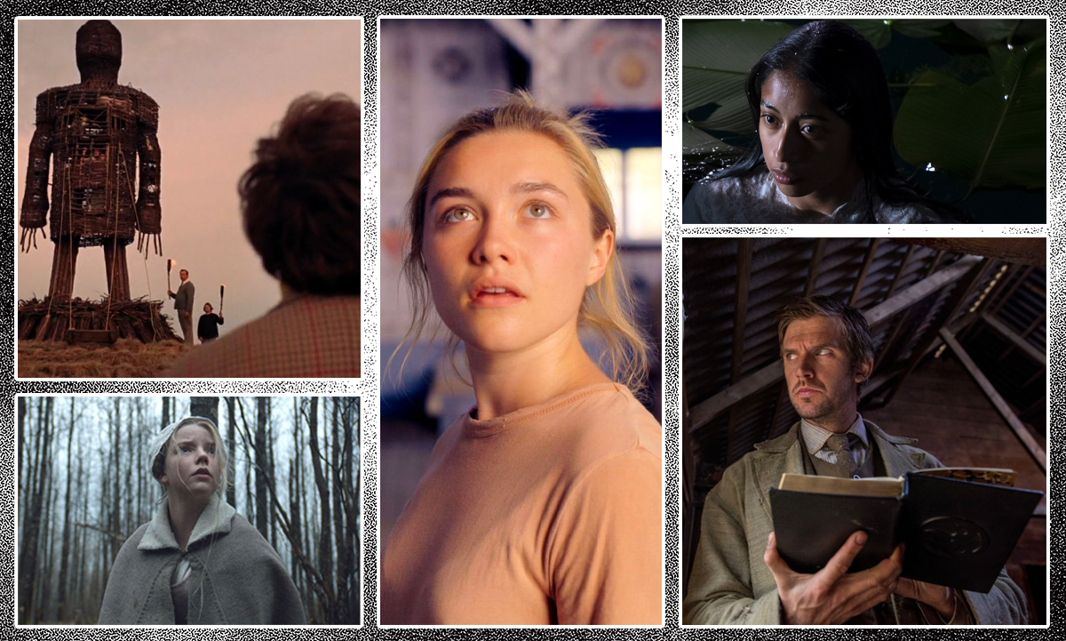 A collage featuring some of the best folk horror movies (clockwise from top left): 'The Wicker Man,' 'Midsommar,' 'La Llorona,' 'Apostle,' 'The Witch'