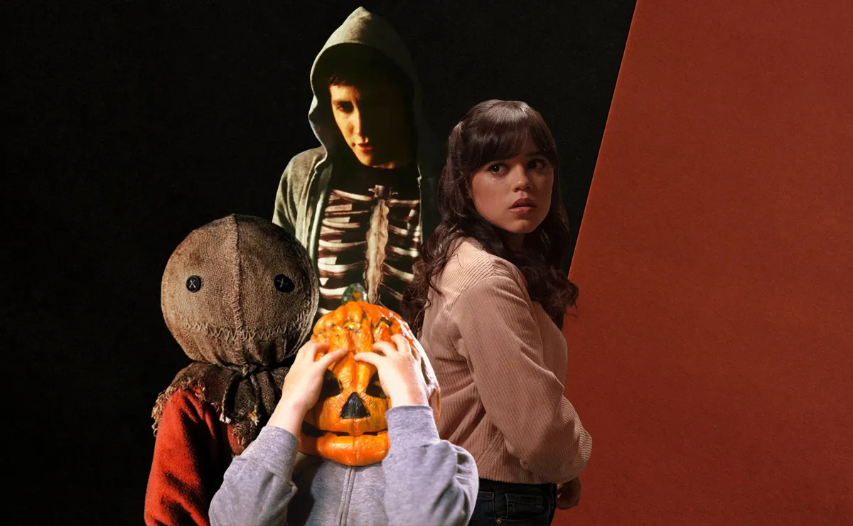A collage of characters from 'Donnie Darko,' 'Scream VI,' 'Halloween III: Season of the Witch,' and 'Trick r Treat' over a black and orange background
