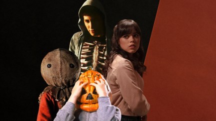 A collage of characters from 'Donnie Darko,' 'Scream VI,' 'Halloween III: Season of the Witch,' and 'Trick r Treat' over a black and orange background