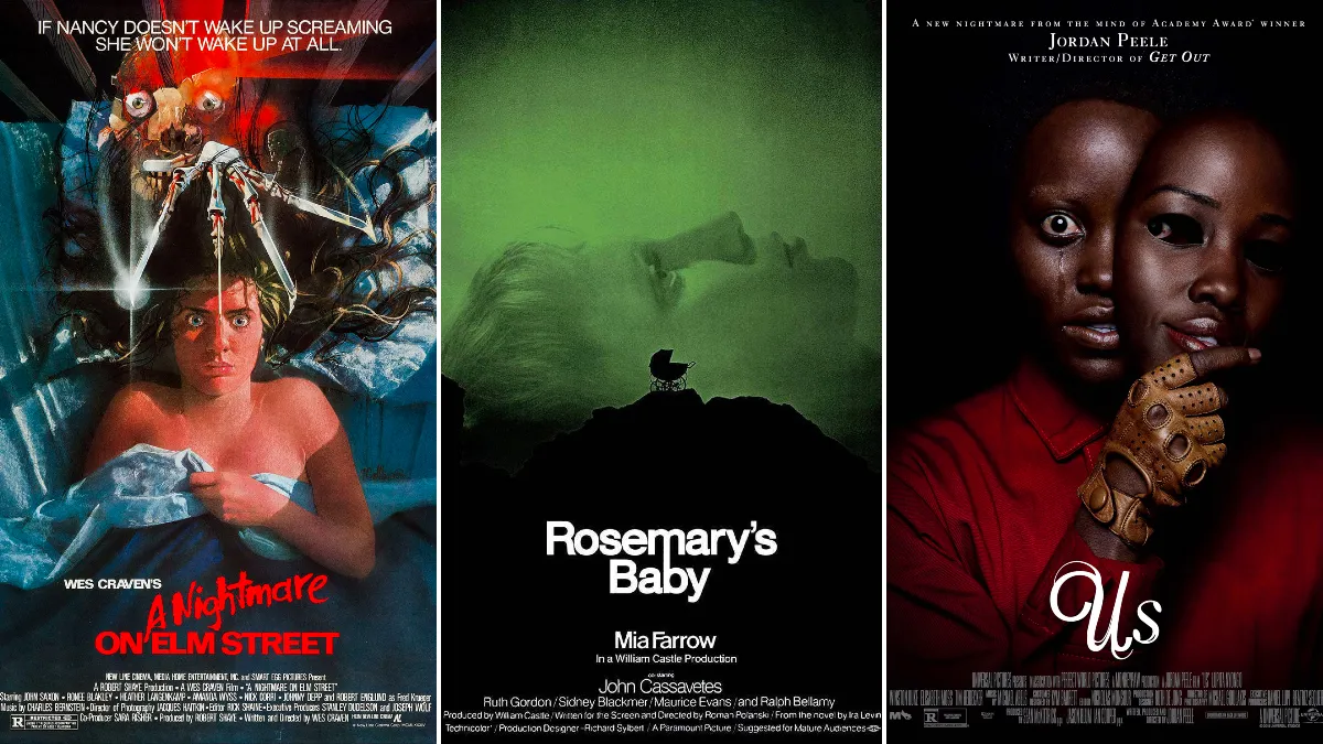 Posters for the horror movies 'A Nightmare on Elm Street,' 'Rosemary's Baby,' and 'Us'