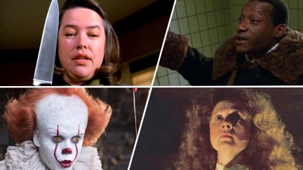 A collage featuring some of the best horror movie villains (clockwise from top left): Annie Wilkes in 'Misery,' Candyman in 'Candyman,' Margaret White in 'Carrie,' and Pennywise in 'It'