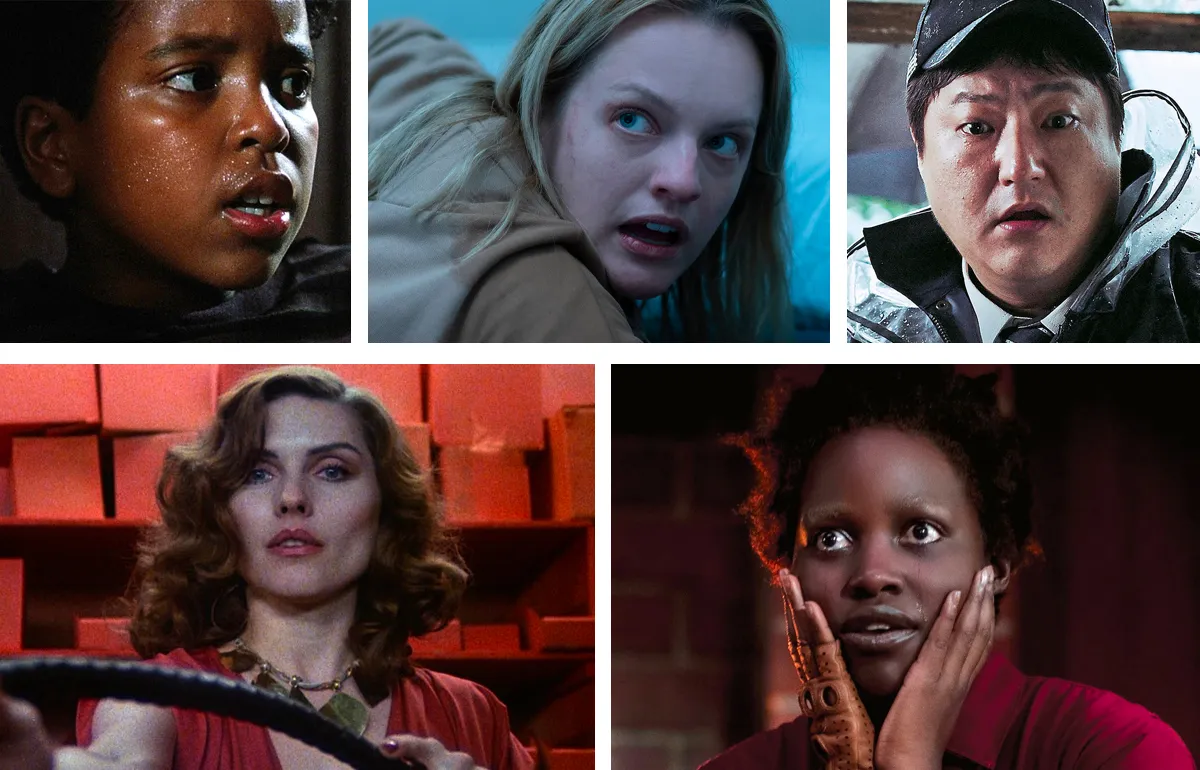 A collage featuring some of the best horror movies on Peacock right now (clockwise from top left): 'The People Under the Stairs,' 'The Invisible Man,' 'The Wailing,' 'Us,' and 'Videodrome.'