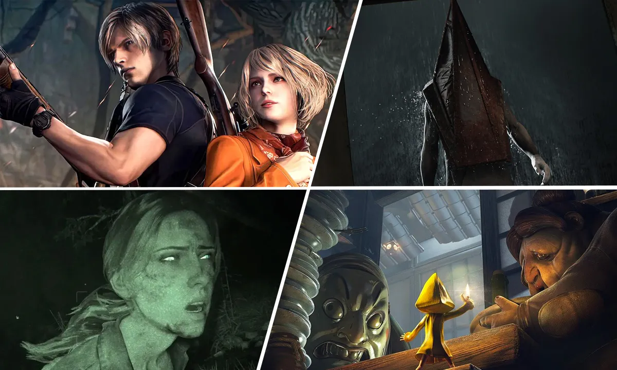 A collage featuring some of the best horror video games (clockwise from top left): 'Resident Evil 4,' 'Silent Hill 2,' 'Little Nightmares,' and 'Outlast II'
