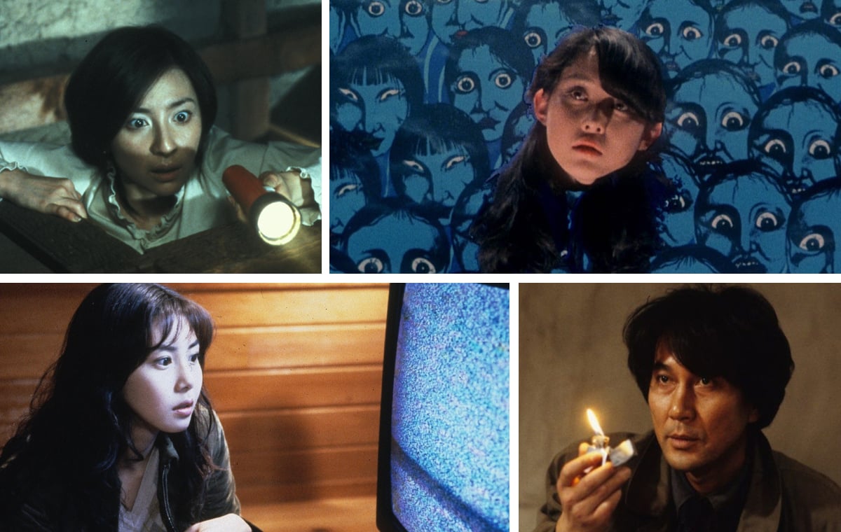 A collage featuring some of the best Japanese horror movies (clockwise from top left): 'Ju-On: The Grudge,' 'House,' 'Cure,' and 'Ringu'
