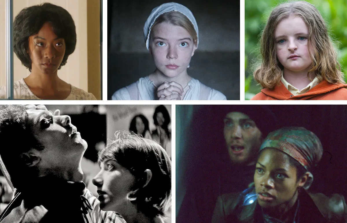 A collage featuring some of the best modern horror movies (clockwise from top left): 'Get Out,' 'The Witch,' 'Hereditary,' '28 Days Later,' and 'A Girl Walks Home Alone at Night'