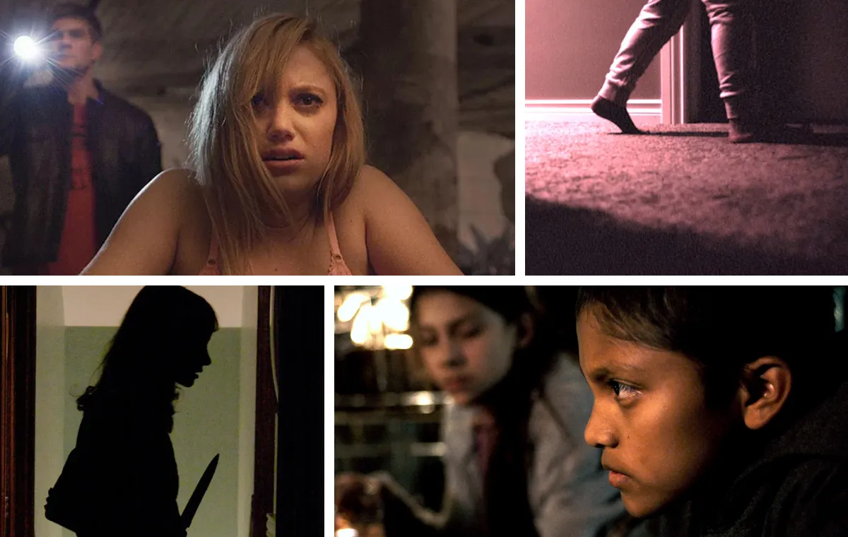 A collage featuring some of the best modern horror movies on Shudder (clockwise from top left): 'It Follows,' 'Skinamarink,' 'Tigers Are Not Afraid,' and 'The House of the Devil'