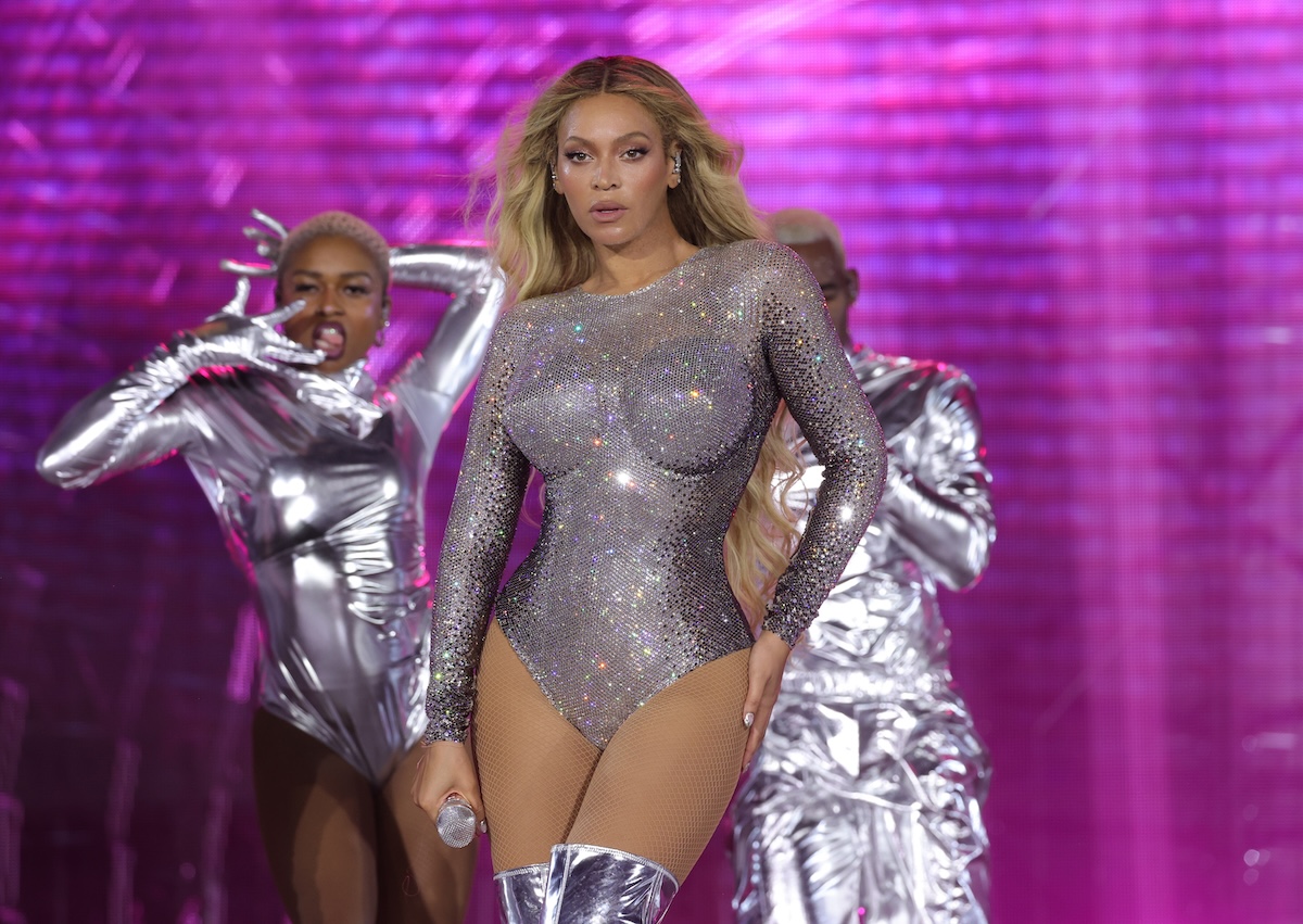 Beyoncé wears a silver leotard during her Renaissance concert.