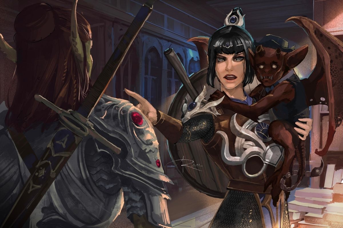 Shadowheart holding Bing Bong and defending him against Lae'zel.