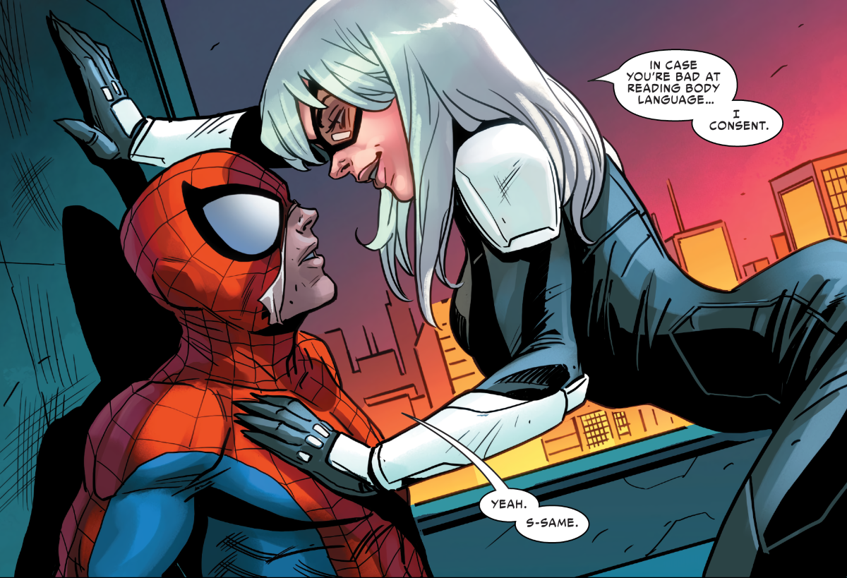 Panel from Black Cat Striks #1 (2020) where Black Cat / Felicia Hardy is in a sensual pose over Spider-Man Peter Parker