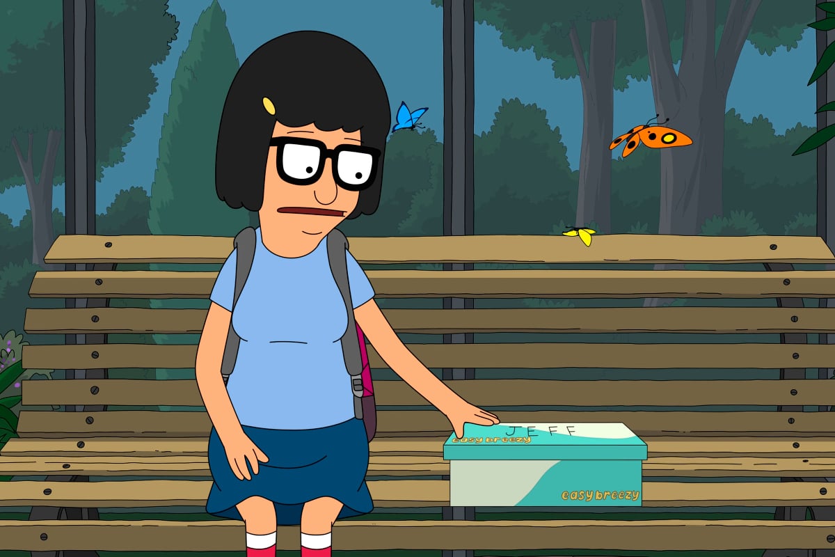 Still from Bob's Burgers episode Tina and the Real Ghost; Tina sits on a bench looking down at a shoe box while a butterfly hovers nearby.